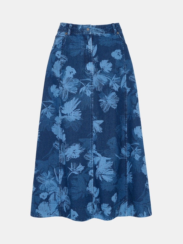 Whistles Blue Chalk Print Denim Midi 100% Cotton Skirt - Image 6 of 6