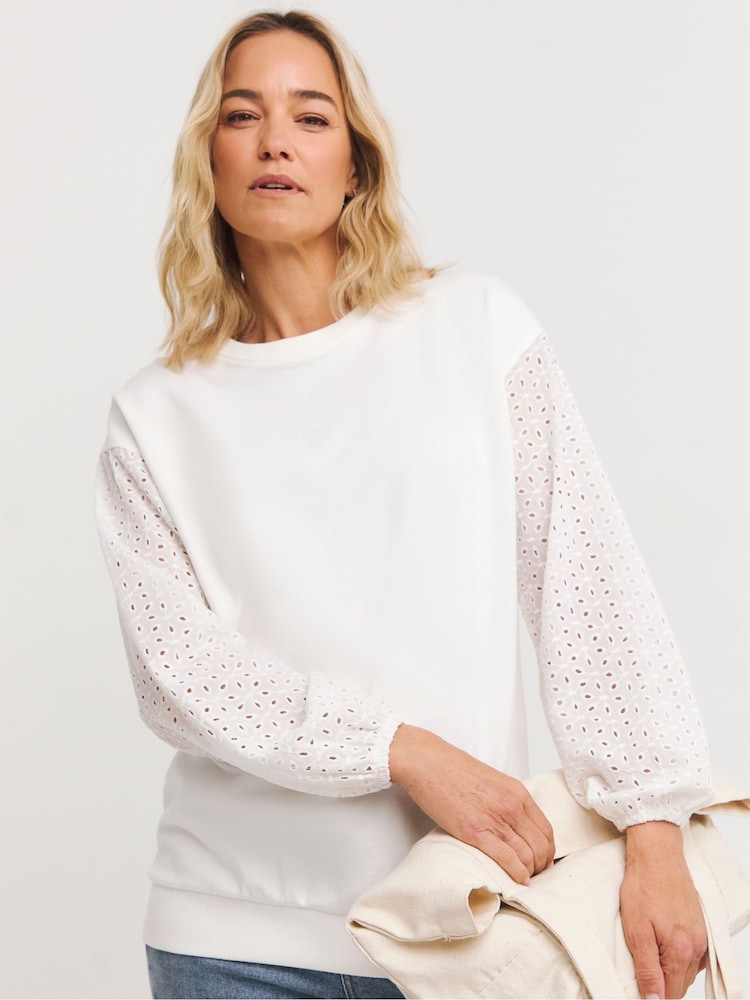 JD Williams White 100% Cotton Broderie Sweatshirt - Image 1 of 4