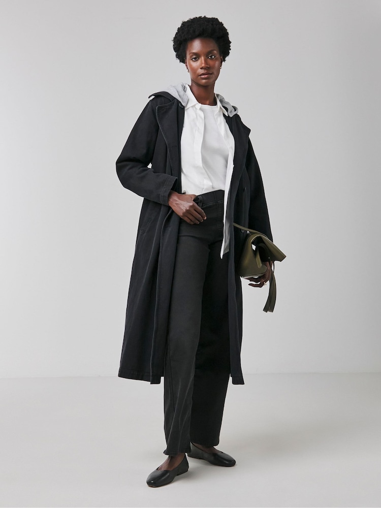 JD Williams Black Hooded Denim Trench 100% Cotton Coat - Image 1 of 5