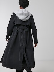 JD Williams Black Hooded Denim Trench 100% Cotton Coat - Image 2 of 5