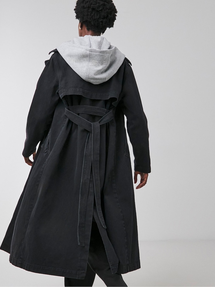 JD Williams Black Hooded Denim Trench 100% Cotton Coat - Image 2 of 5