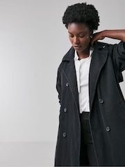 JD Williams Black Hooded Denim Trench 100% Cotton Coat - Image 4 of 5