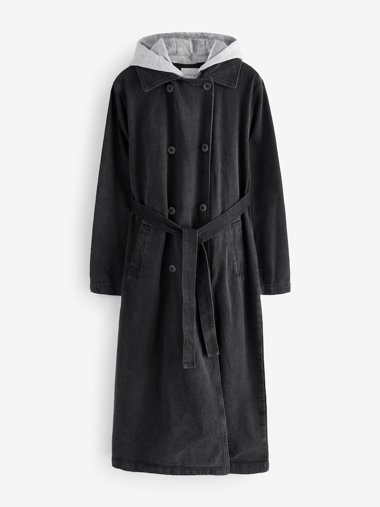 JD Williams Black Hooded Denim Trench 100% Cotton Coat - Image 5 of 5