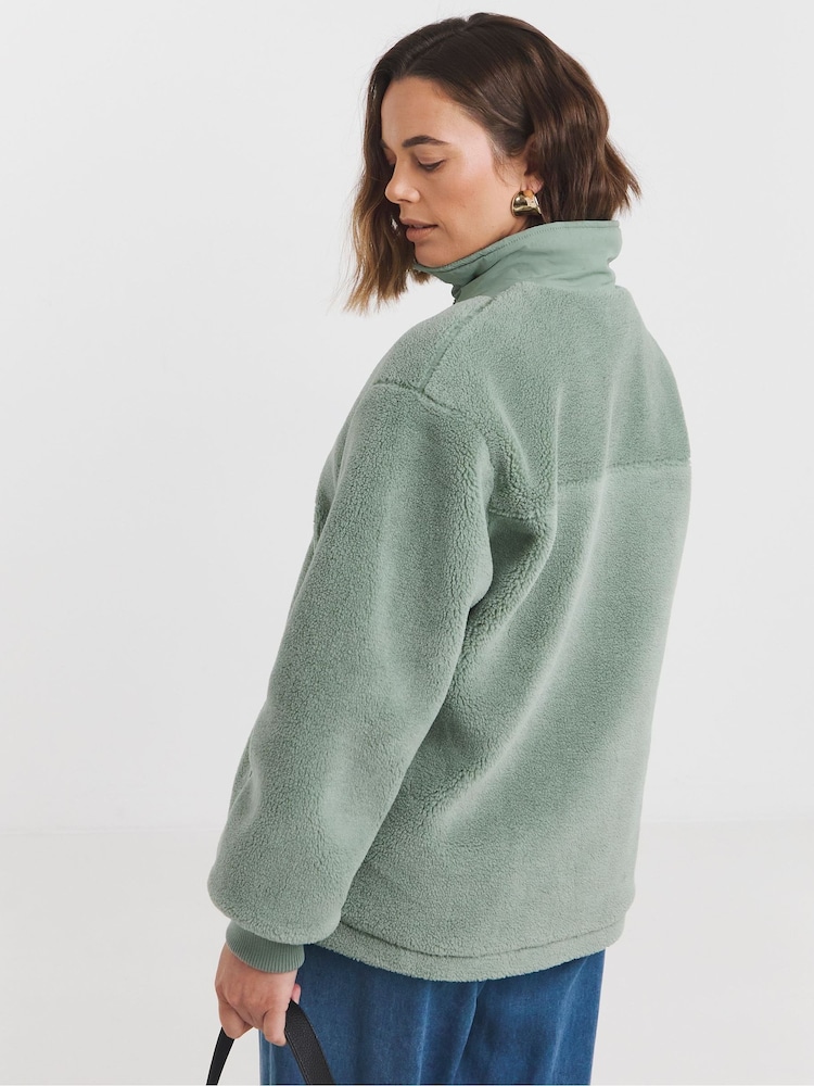 JD Williams Green Funnel Neck Longline Borg Jacket - Image 2 of 4