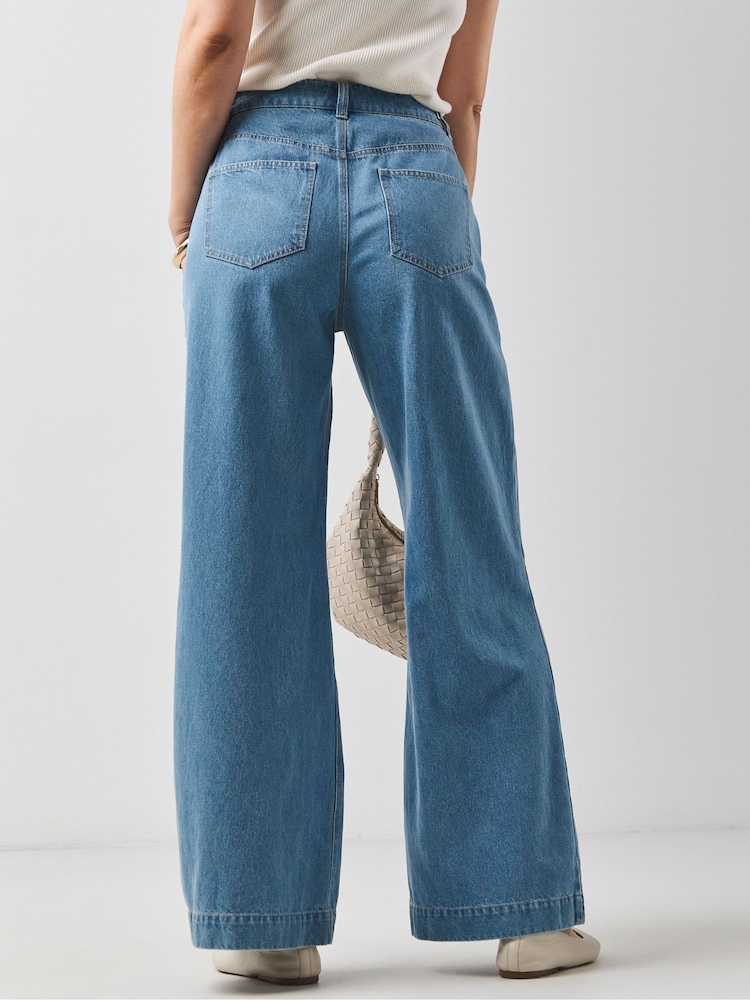 JD Williams Blue Pleat Front Wide Leg Jeans - Image 2 of 4