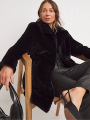 JD Williams Black Plush Faux Fur Coat - Image 1 of 4