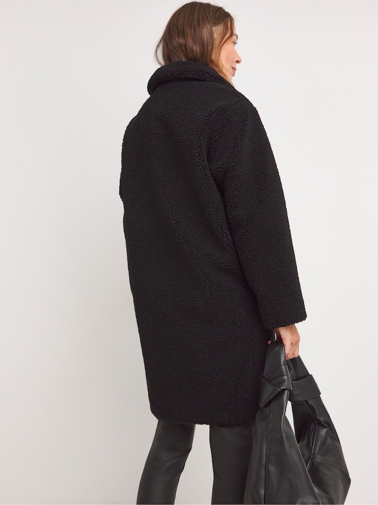 JD Williams Black Collared Duffle Teddy Mid Length Coat - Image 2 of 4