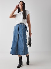 JD Williams Blue Denim Belted Wrap Midi Skirt - Image 1 of 4
