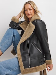 JD Williams Black Core Contrast Shearling Jacket - Image 1 of 4
