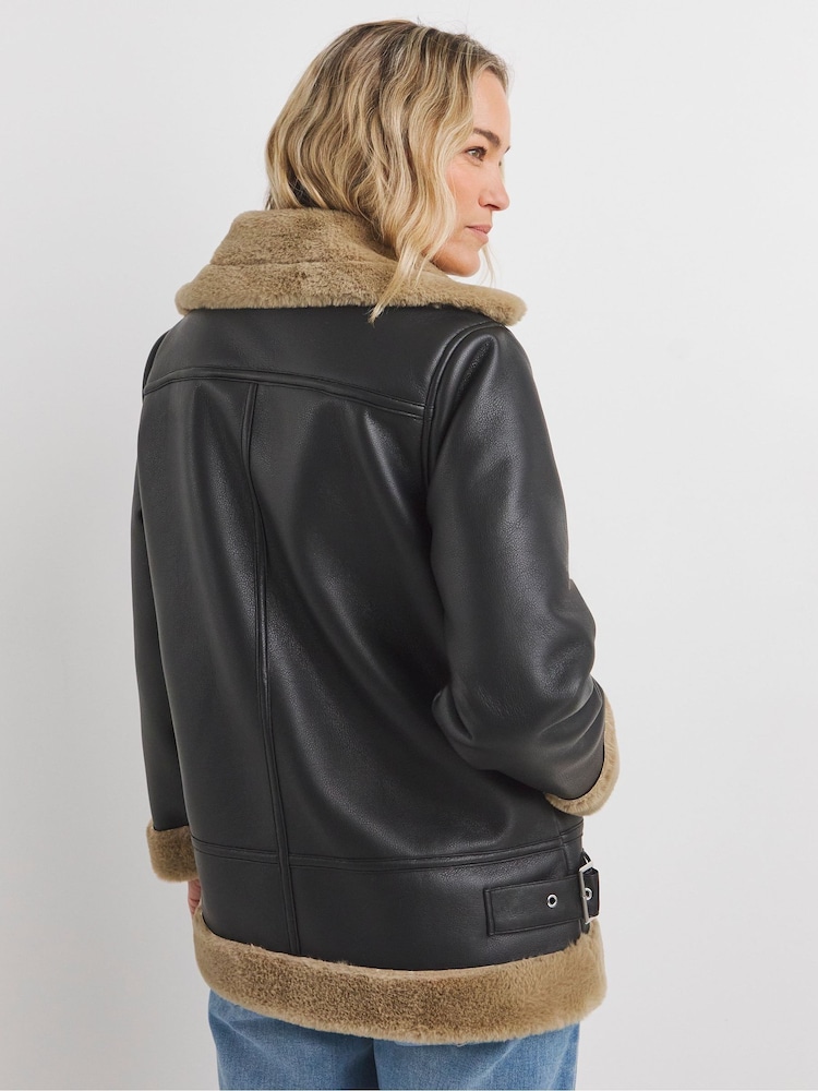 JD Williams Black Core Contrast Shearling Jacket - Image 2 of 4