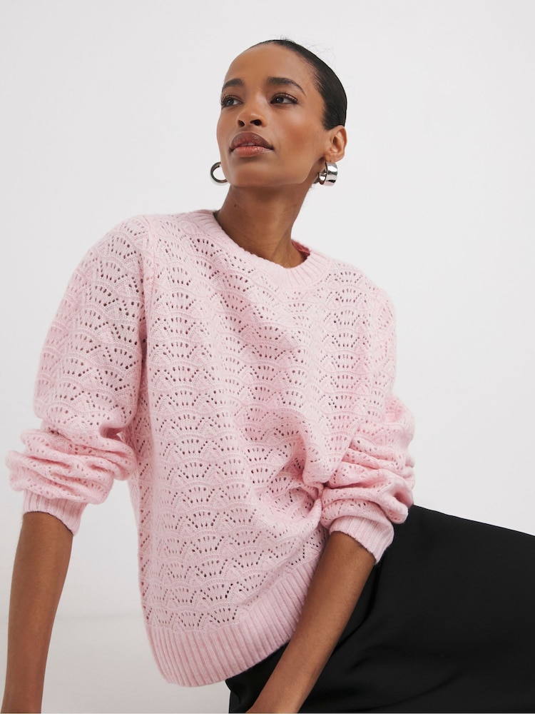JD Williams Pink Open Stitch Crew Neck Knitted Jumper - Image 1 of 4 JD Williams Pink Open Stitch Crew Neck Knitted Jumper - Image 1 of 4