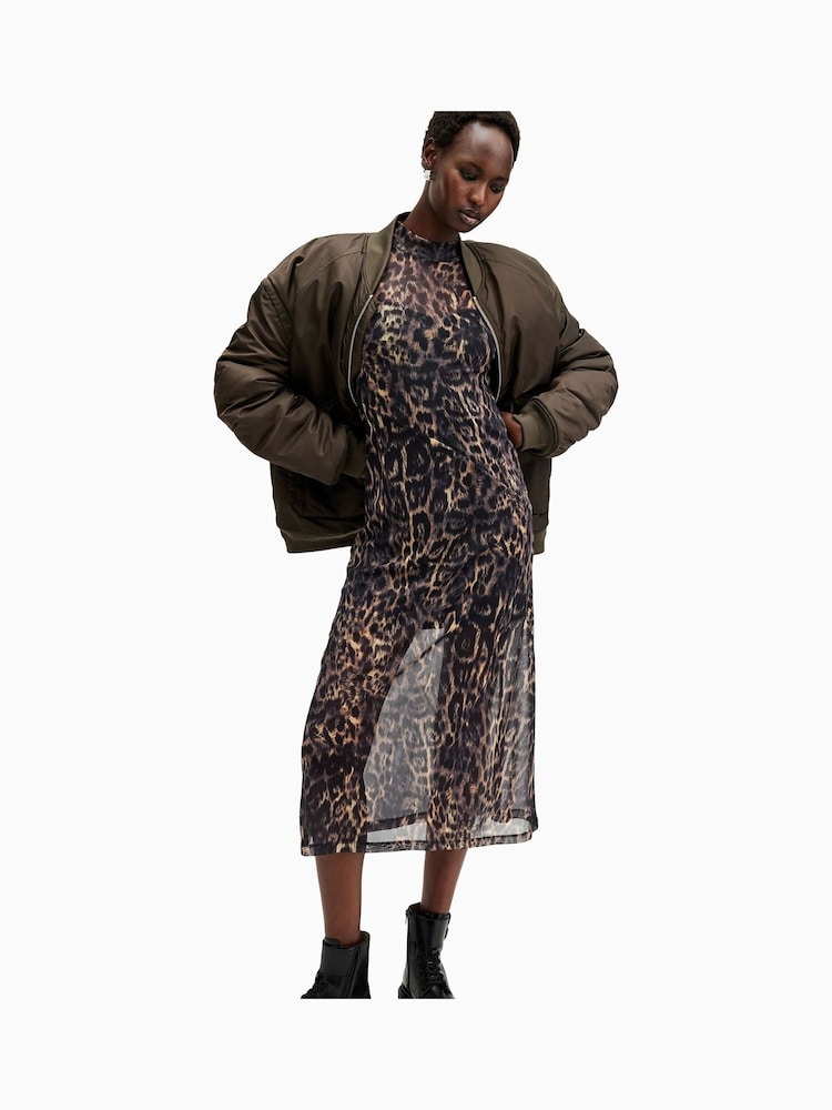 AllSaints Brown Leopard Print Hanna Mesh Dress - Image 1 of 6