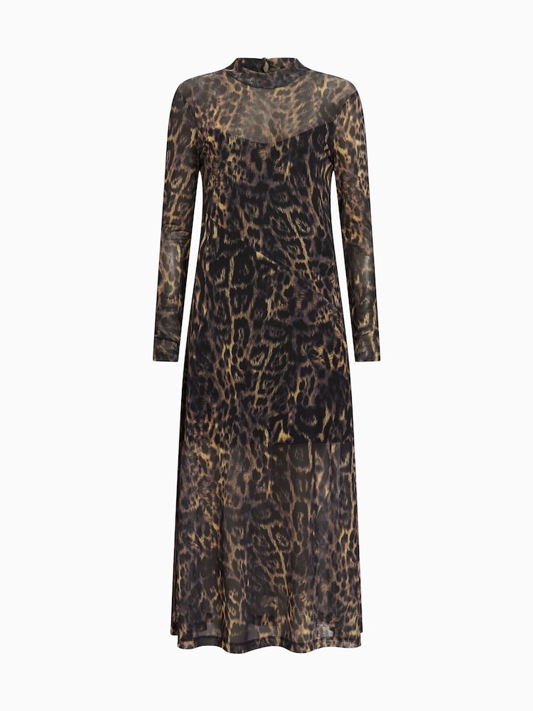 AllSaints Brown Leopard Print Hanna Mesh Dress - Image 6 of 6