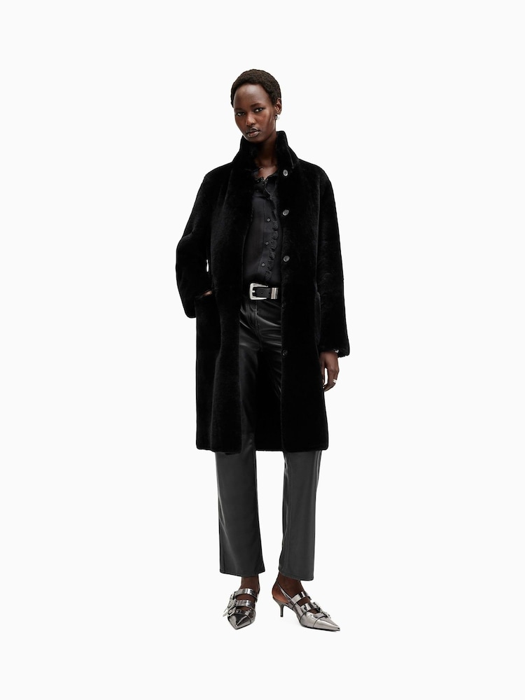 AllSaints Black Serra Reversible Shearling Coat - Image 1 of 9