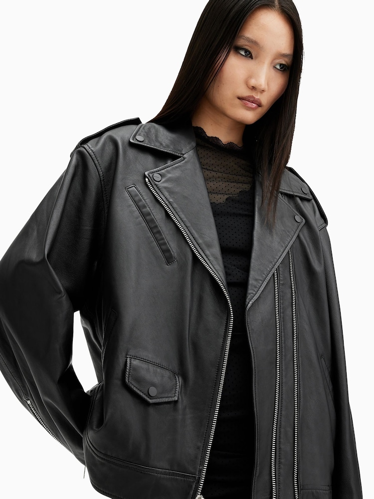 AllSaints Black Daylen Biker Jacket - Image 7 of 9