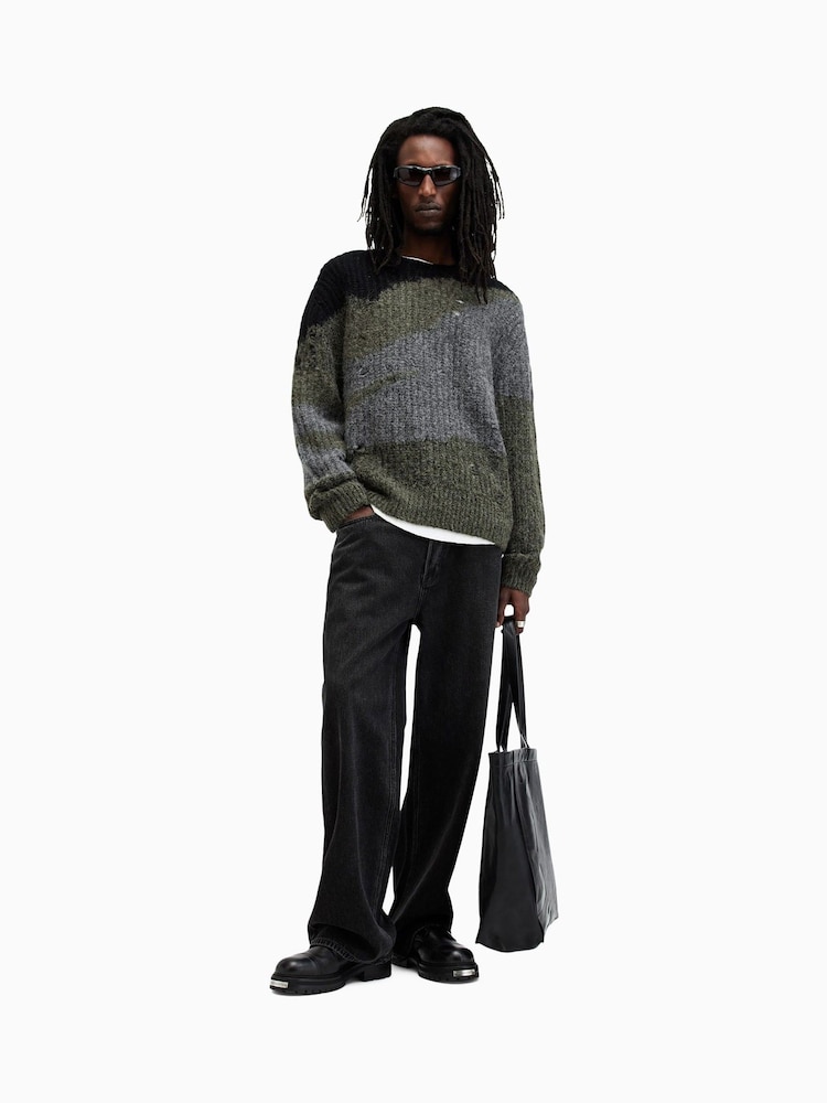 AllSaints Black Sur Crew Neck Jumper - Image 1 of 9 AllSaints Black Sur Crew Neck Jumper - Image 1 of 9
