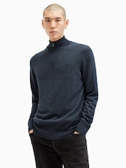 AllSaints Blue Kilburn Quarter Zip Funnel Jumper - Image 1 of 8