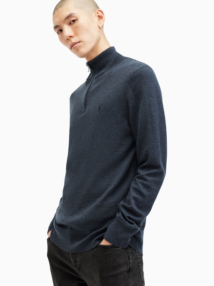AllSaints Blue Kilburn Quarter Zip Funnel Jumper - Image 5 of 8