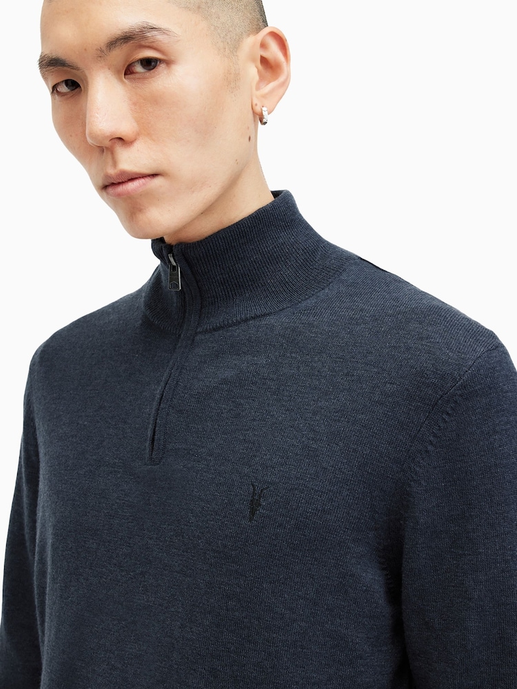 AllSaints Blue Kilburn Quarter Zip Funnel Jumper - Image 6 of 8