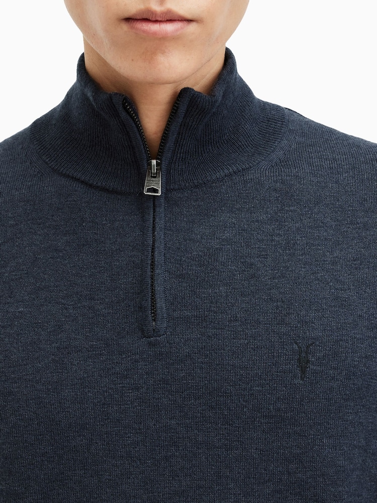 AllSaints Blue Kilburn Quarter Zip Funnel Jumper - Image 7 of 8