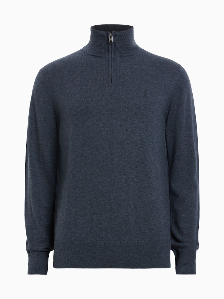 AllSaints Blue Kilburn Quarter Zip Funnel Jumper - Image 8 of 8