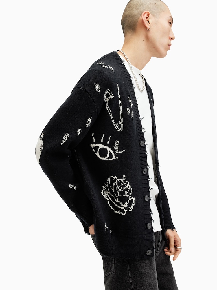 AllSaints Black Koto 100% Organic Cotton Cardigan - Image 7 of 10