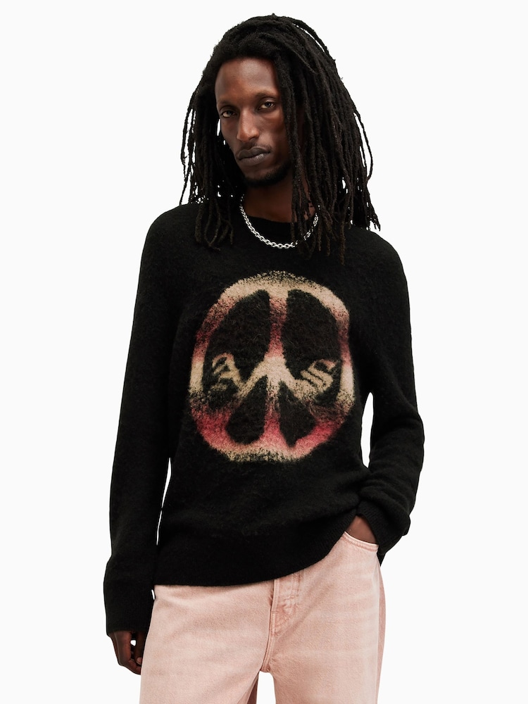 AllSaints Black Peace Crew Neck Jumper - Image 1 of 6 AllSaints Black Peace Crew Neck Jumper - Image 1 of 6