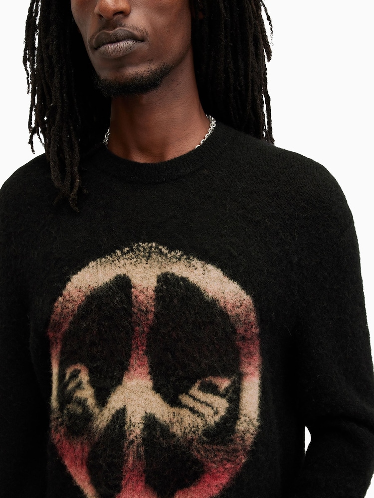 AllSaints Black Peace Crew Neck Jumper - Image 2 of 6 AllSaints Black Peace Crew Neck Jumper - Image 2 of 6