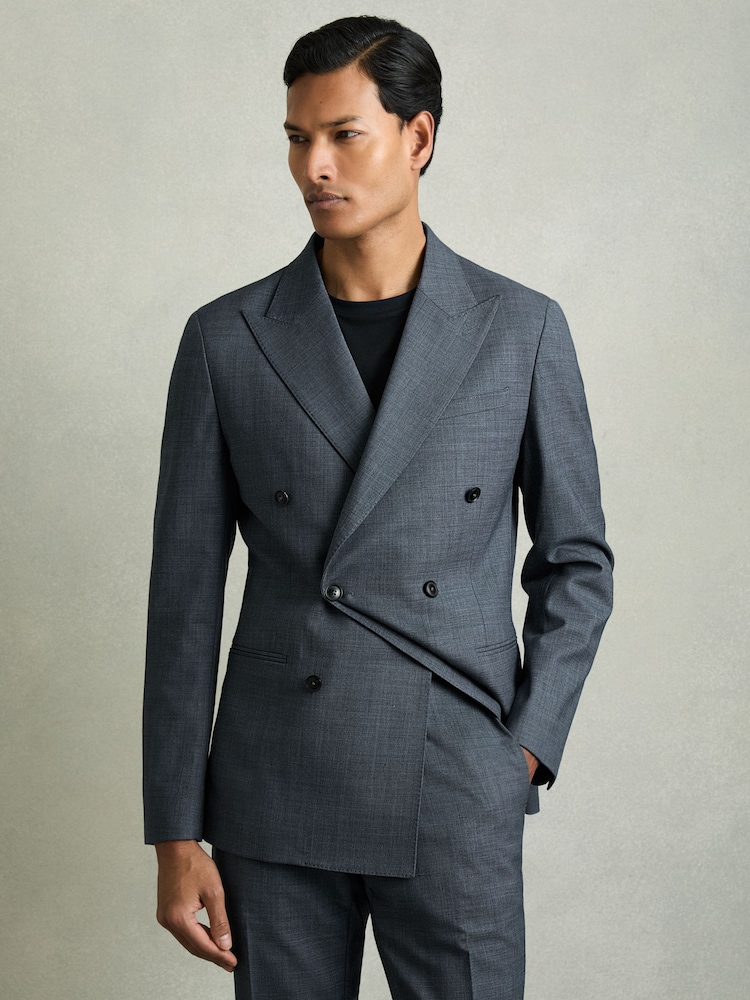 Reiss Airforce Blue Malibu Regular-Fit Double-Breasted Sharkskin Wool-Blend Suit Blazer - Image 1 of 10