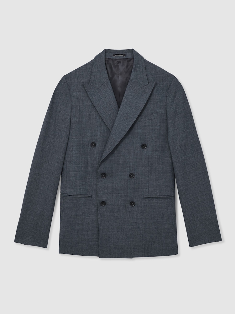 Reiss Airforce Blue Malibu Regular-Fit Double-Breasted Sharkskin Wool-Blend Suit Blazer - Image 3 of 10