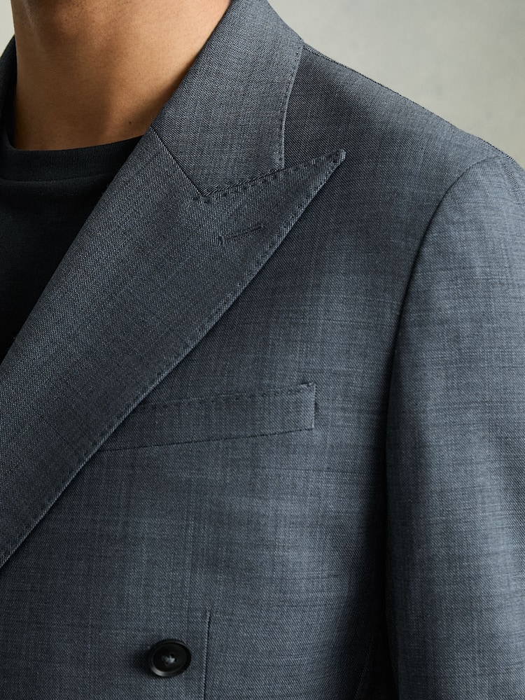 Reiss Airforce Blue Malibu Regular-Fit Double-Breasted Sharkskin Wool-Blend Suit Blazer - Image 6 of 10