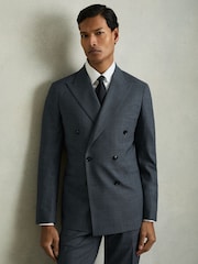 Reiss Airforce Blue Malibu Regular-Fit Double-Breasted Sharkskin Wool-Blend Suit Blazer - Image 8 of 10
