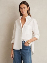 Reiss White Sofia Cotton Topstitched Button-Through Shirt - Image 1 of 6