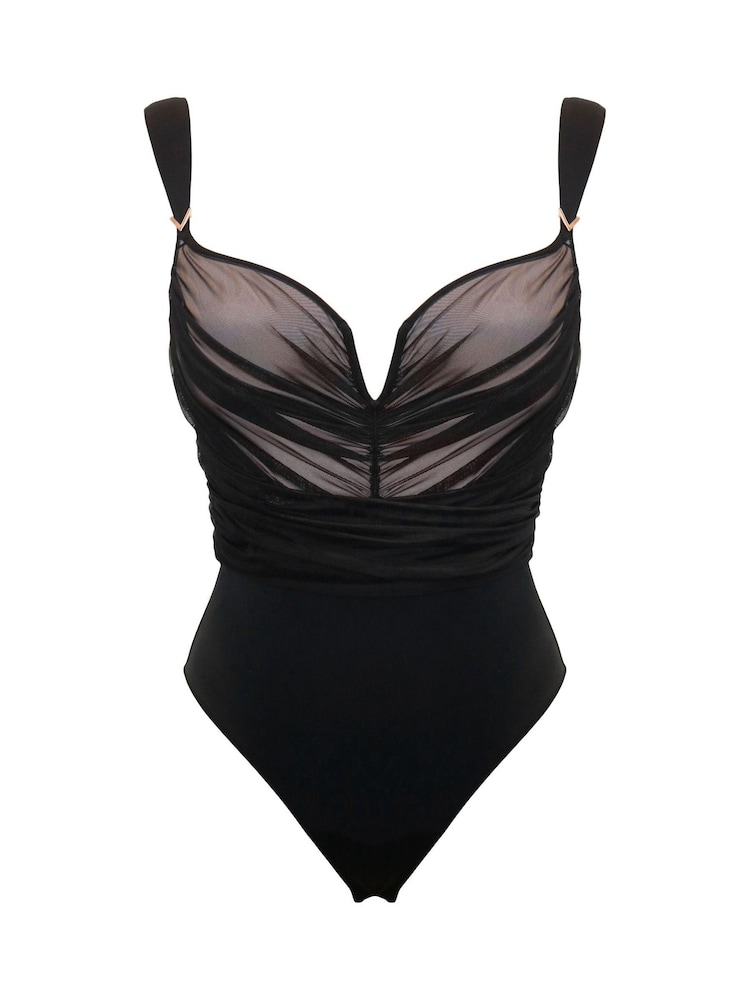 Pour Moi Black Ruched Mesh U Wire Padded Bodysuit - Image 3 of 4