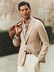 Reiss Oatmeal Stack Slim-Fit Single-Breasted Wool-Blend Textured Blazer - Image 1 of 10