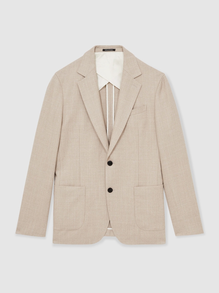 Reiss Oatmeal Stack Slim-Fit Single-Breasted Wool-Blend Textured Blazer - Image 2 of 10