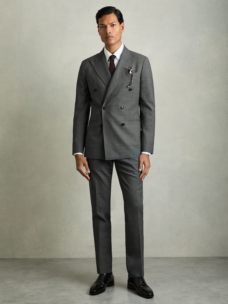 Reiss Charcoal Grey Malibu Regular-Fit Double-Breasted Sharkskin Wool-Blend Suit Blazer - Image 1 of 9