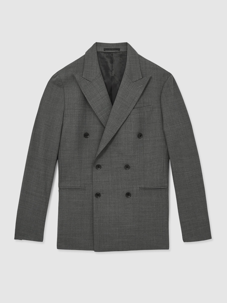 Reiss Charcoal Grey Malibu Regular-Fit Double-Breasted Sharkskin Wool-Blend Suit Blazer - Image 2 of 9