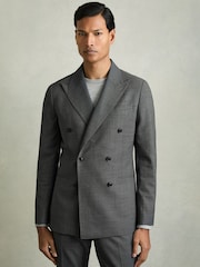 Reiss Charcoal Grey Malibu Regular-Fit Double-Breasted Sharkskin Wool-Blend Suit Blazer - Image 3 of 9