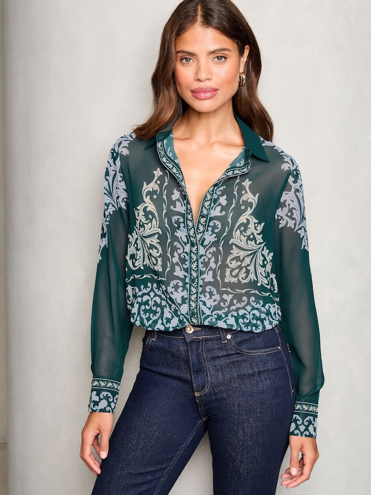 Lipsy Green Chiffon Long Sleeve Button Through Blouse - Image 2 of 4 Lipsy Green Chiffon Long Sleeve Button Through Blouse - Image 2 of 4