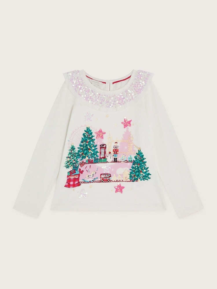Monsoon Natural Long Sleeve Christmas In London Top - Image 1 of 2