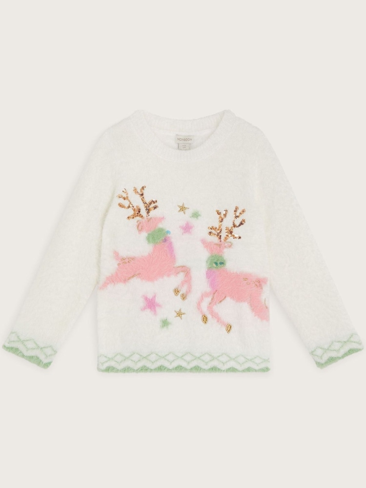 Monsoon Cream Fuzzy Knit Christmas Reindeer Jumper - Image 2 of 4