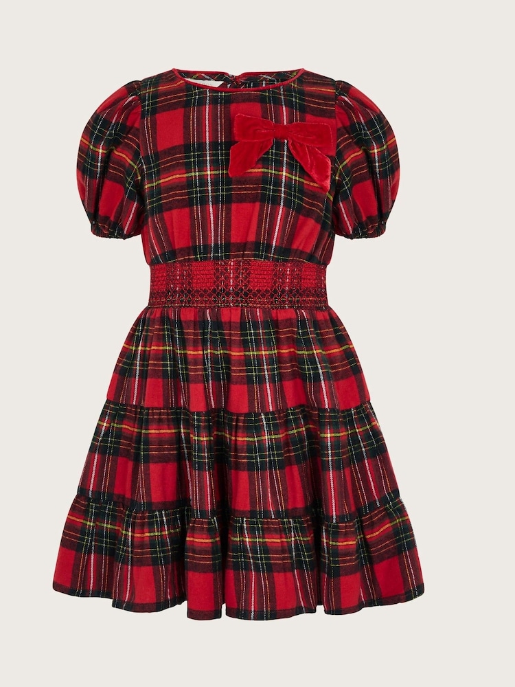 Monsoon Red Puff Sleeve Tartan 100% Cotton Dress - Image 1 of 3