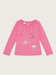 Monsoon Pink 100% Cotton Christmas Embellished Long Sleeve T-Shirt - Image 1 of 3