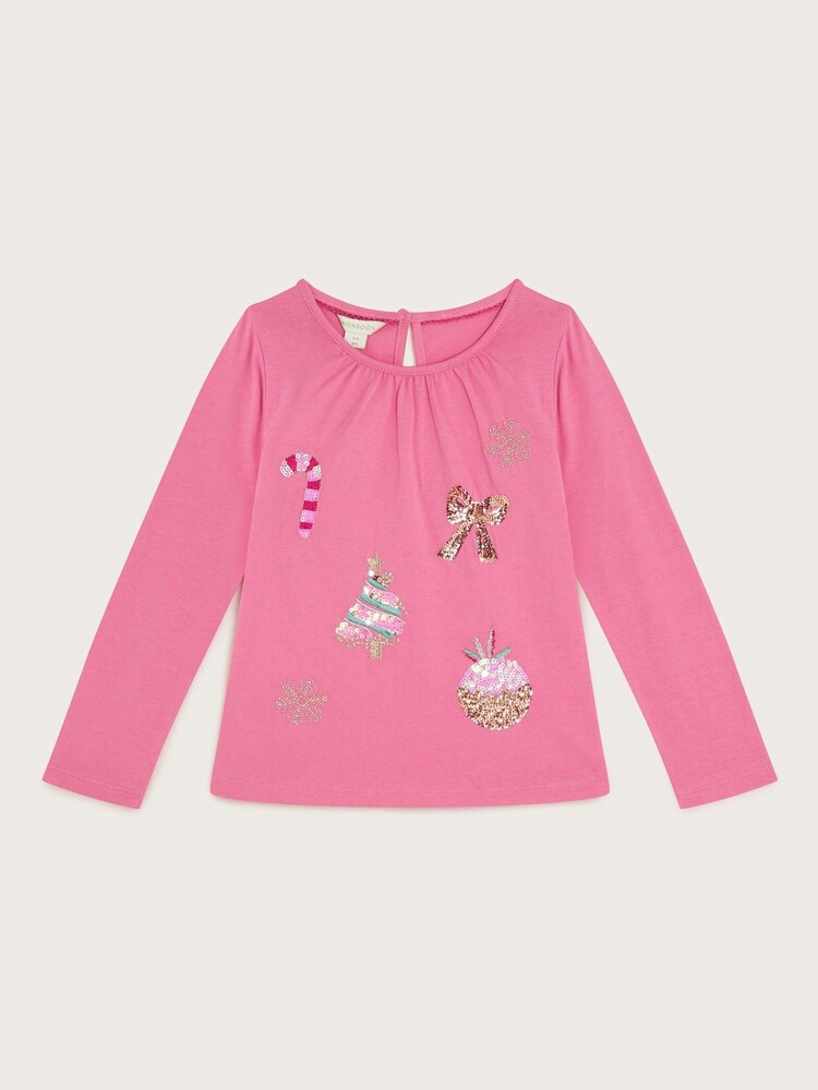 Monsoon Pink 100% Cotton Christmas Embellished Long Sleeve T-Shirt - Image 1 of 3