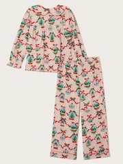 Monsoon Pink 100% Cotton Christmas Snow Globe Long Pyjamas Set - Image 2 of 3