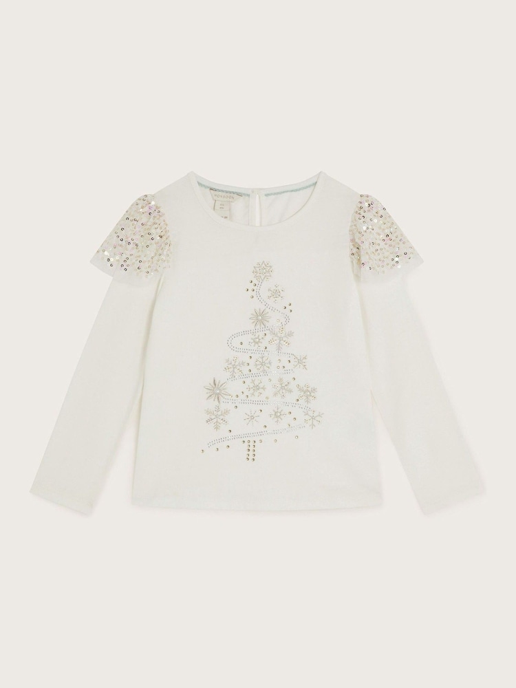 Monsoon Natural Long Sleeve Embellished Christmas Tree Top - Image 1 of 3