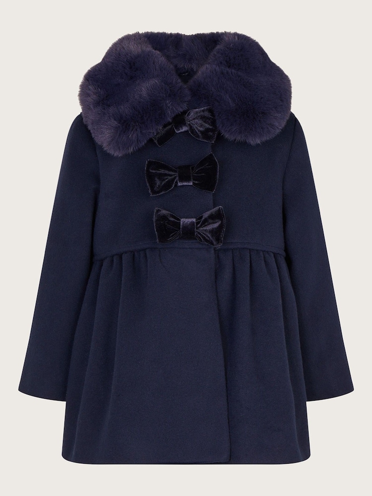 Monsoon Blue Baby Bow Faux Fur Collar Coat - Image 1 of 3