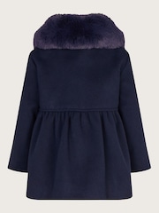 Monsoon Blue Baby Bow Faux Fur Collar Coat - Image 2 of 3