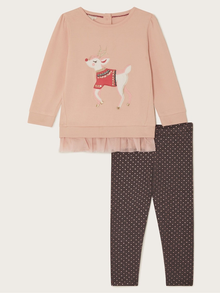 Monsoon Pink Baby Reindeer Frill Jumper and Leggings Set - Image 1 of 3